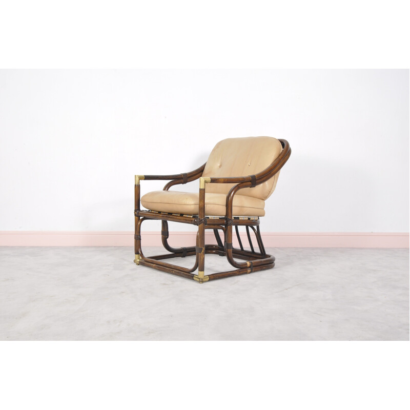 Mid-century bent bamboo and leather easy chair - 1960s