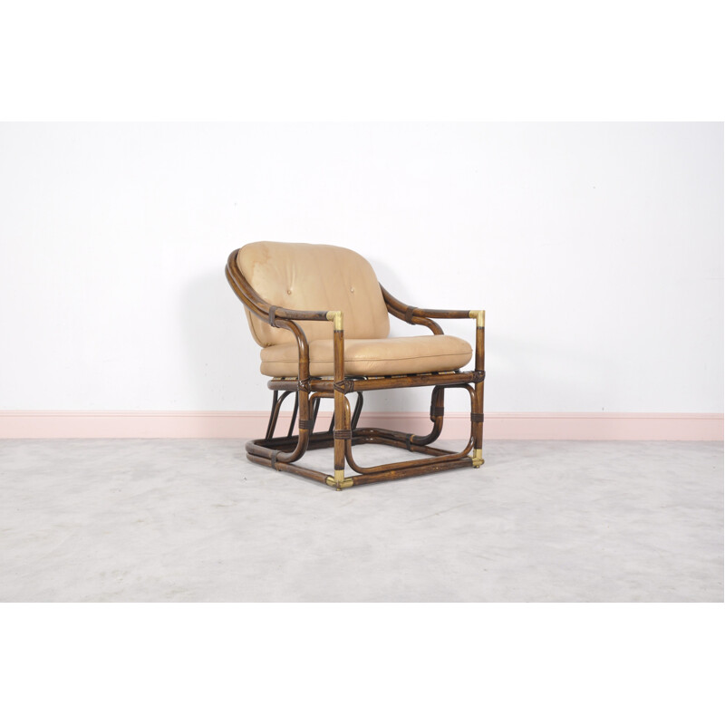 Mid-century bent bamboo and leather easy chair - 1960s