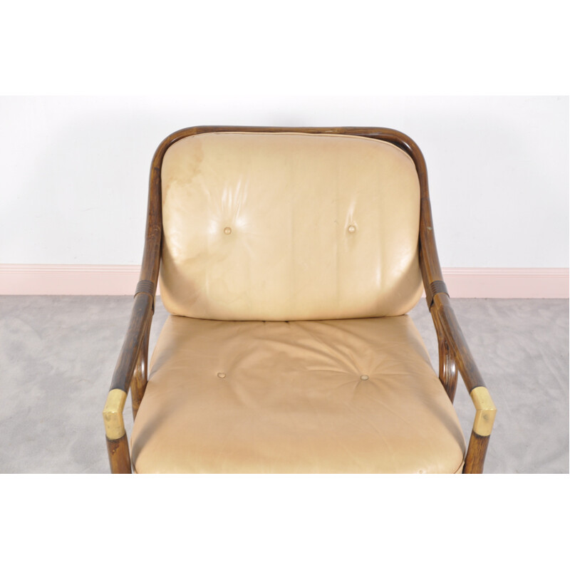 Mid-century bent bamboo and leather easy chair - 1960s