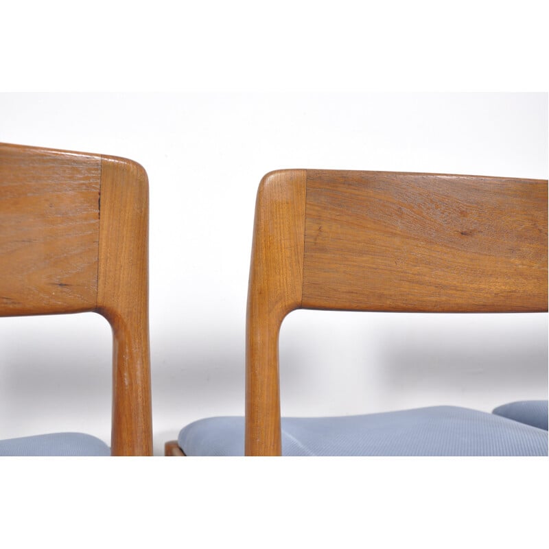 Ensemble de 4 chaises à repas bleues en teck et tissu par Johannes Norregaard pour Norregaard Mobelfabrik - 1960