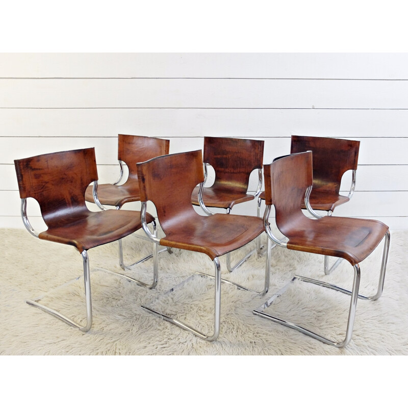 Set of six chairs in leather and chromium by Carlo Bartoli - 1970s