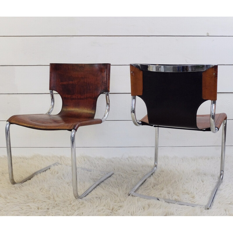 Set of six chairs in leather and chromium by Carlo Bartoli - 1970s