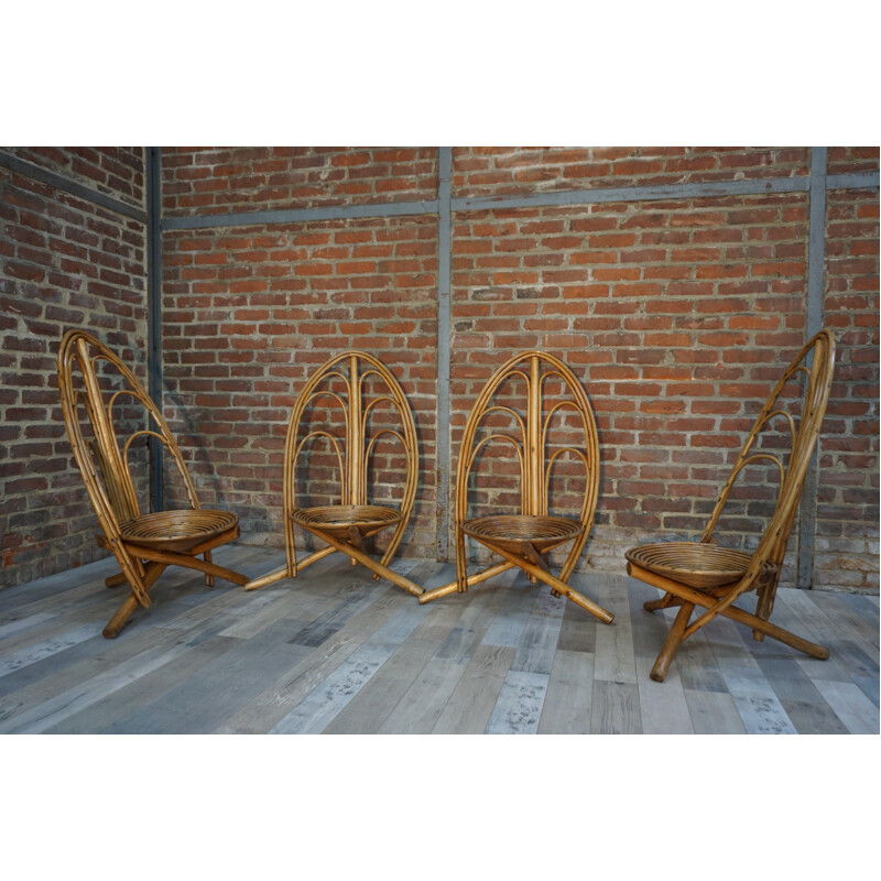 Ensemble de 4 chaises de jardin en rotin - 1960