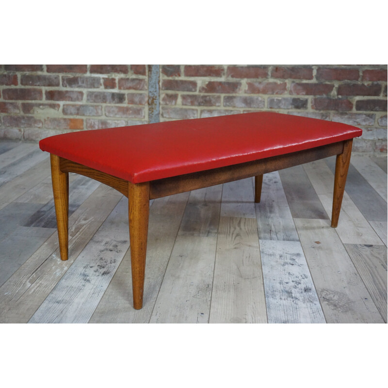 Mid century Scandinavian red leatherette bench - 1970s