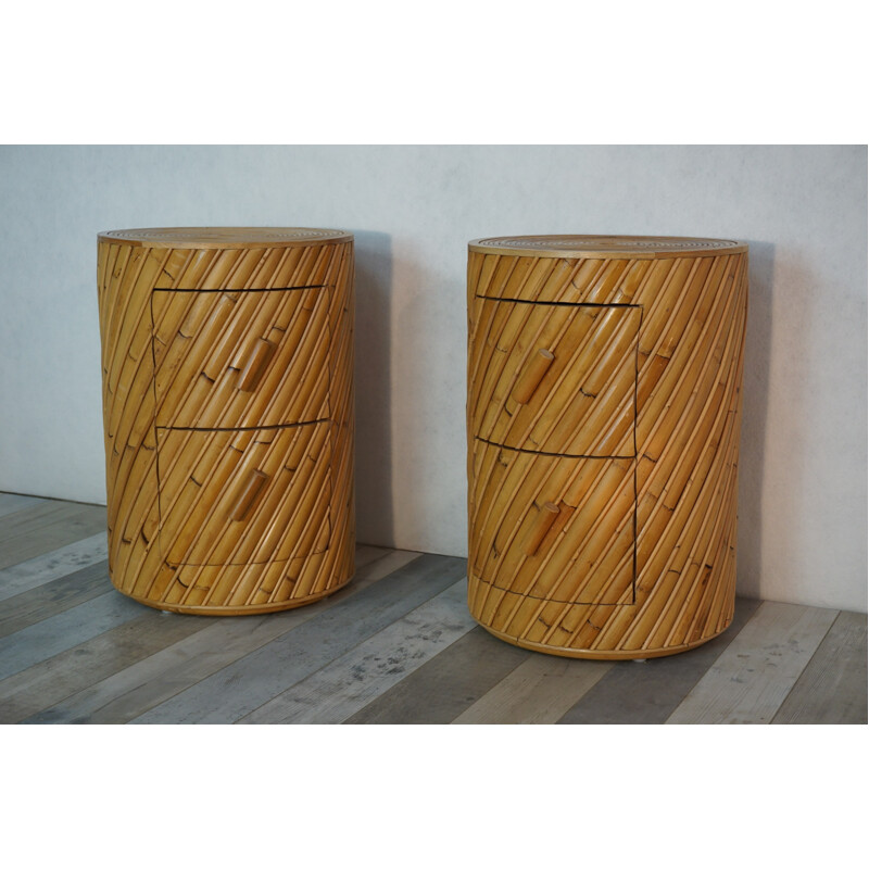 Pair of wooden & rattan bedside tables by India Mahdavi - 2000s