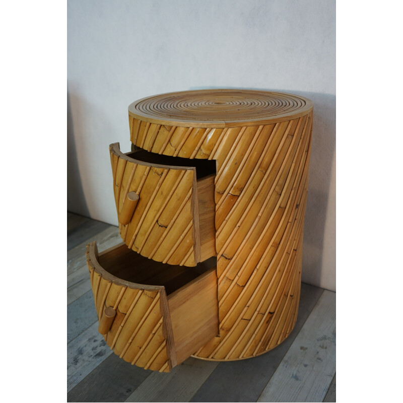 Pair of wooden & rattan bedside tables by India Mahdavi - 2000s