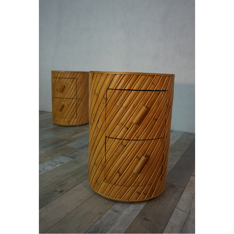 Pair of wooden & rattan bedside tables by India Mahdavi - 2000s