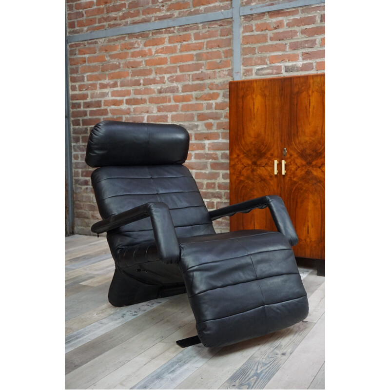 Mid century black leather lounge armchair - 1970s