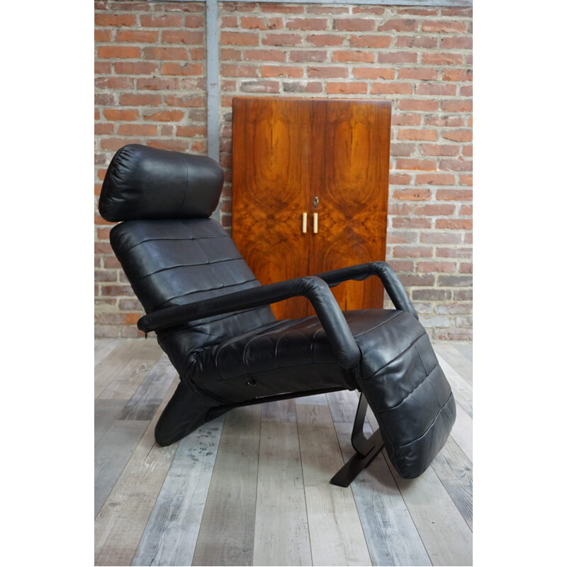 Mid century black leather lounge armchair - 1970s