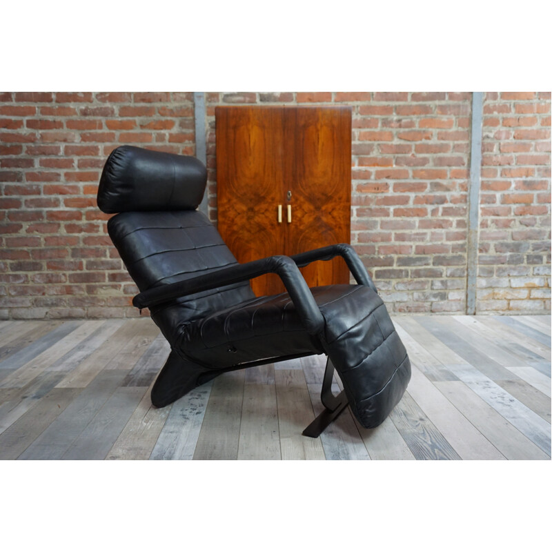 Mid century black leather lounge armchair - 1970s