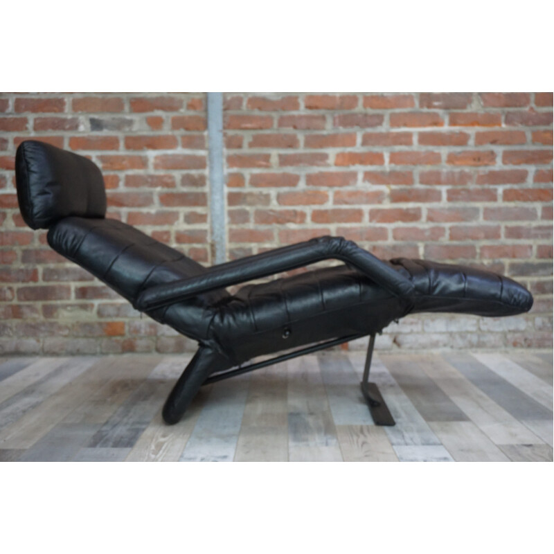 Mid century black leather lounge armchair - 1970s