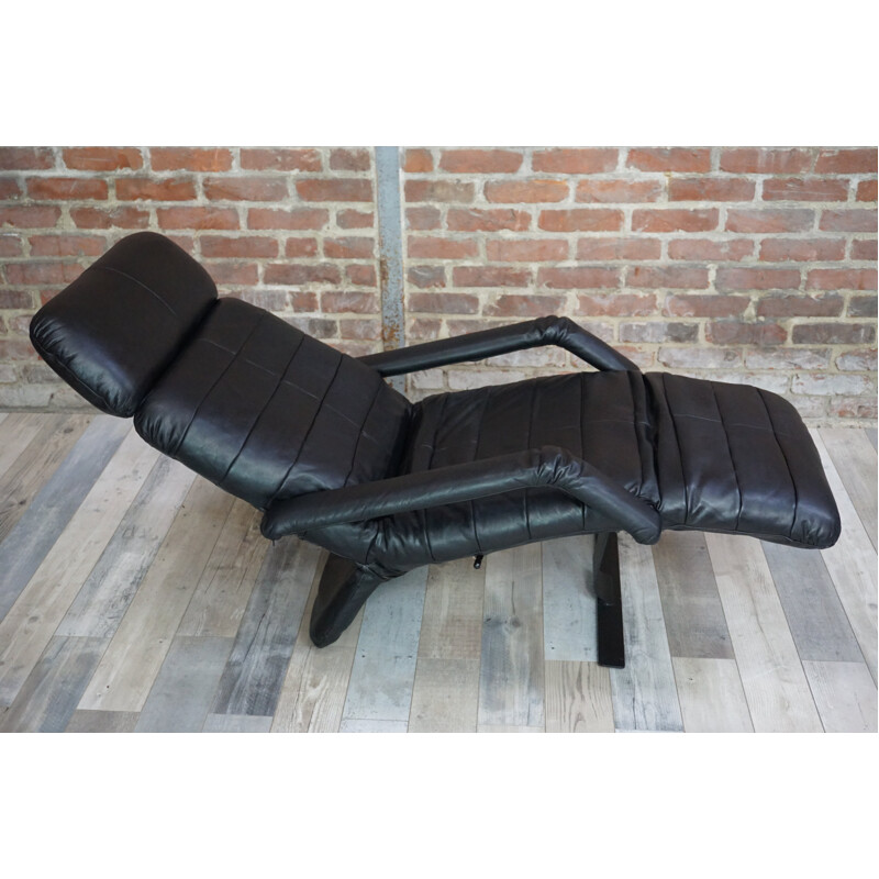 Mid century black leather lounge armchair - 1970s