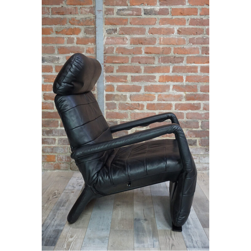 Fauteuil lounge vintage en cuir noir - 1970