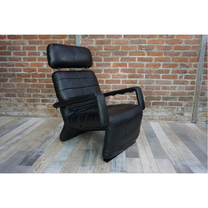 Mid century black leather lounge armchair - 1970s