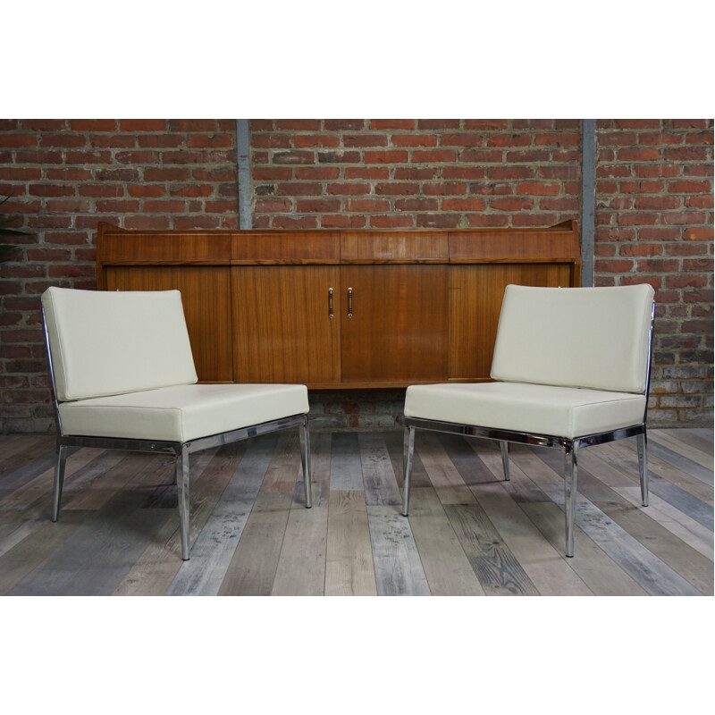 Pair of mid century leather and chromed steel low chair - 2000s