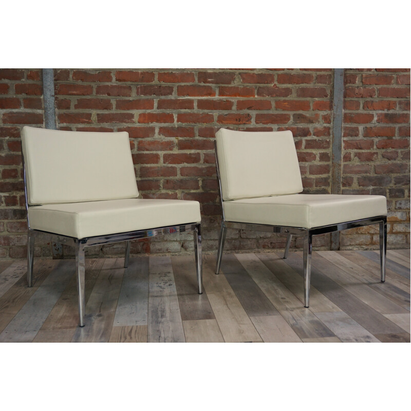 Pair of mid century leather and chromed steel low chair - 2000s