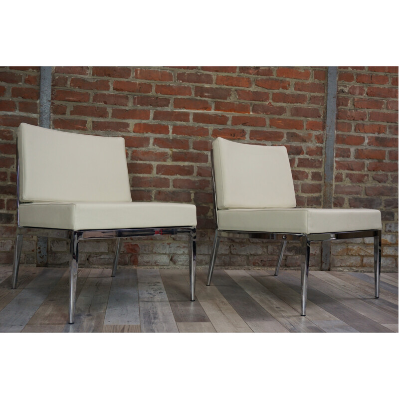 Pair of mid century leather and chromed steel low chair - 2000s