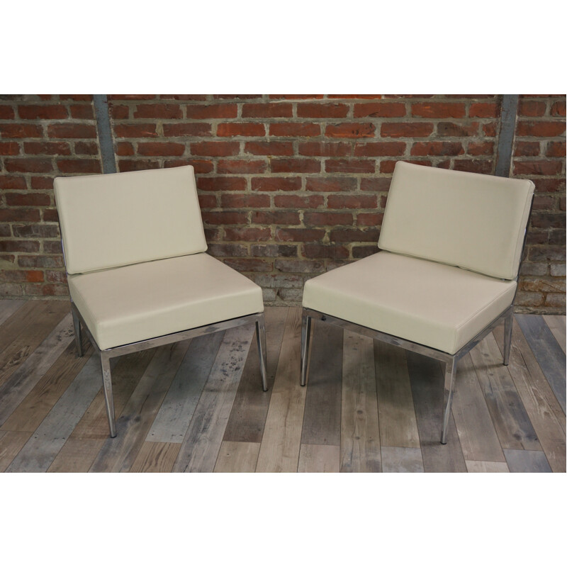 Pair of mid century leather and chromed steel low chair - 2000s