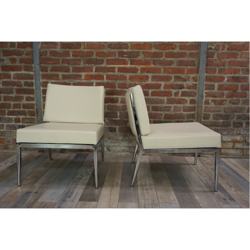 Pair of mid century leather and chromed steel low chair - 2000s