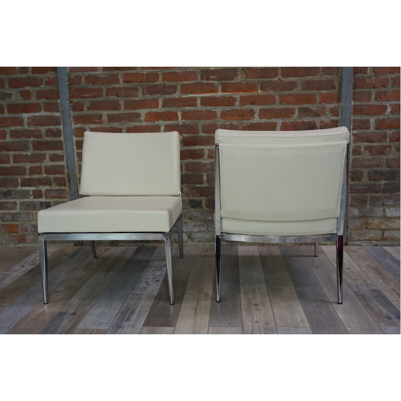 Pair of mid century leather and chromed steel low chair - 2000s