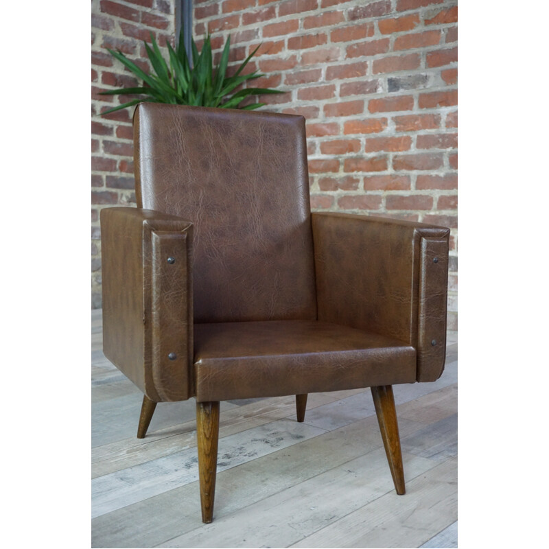 Club brown leatherette children armchair - 1950s