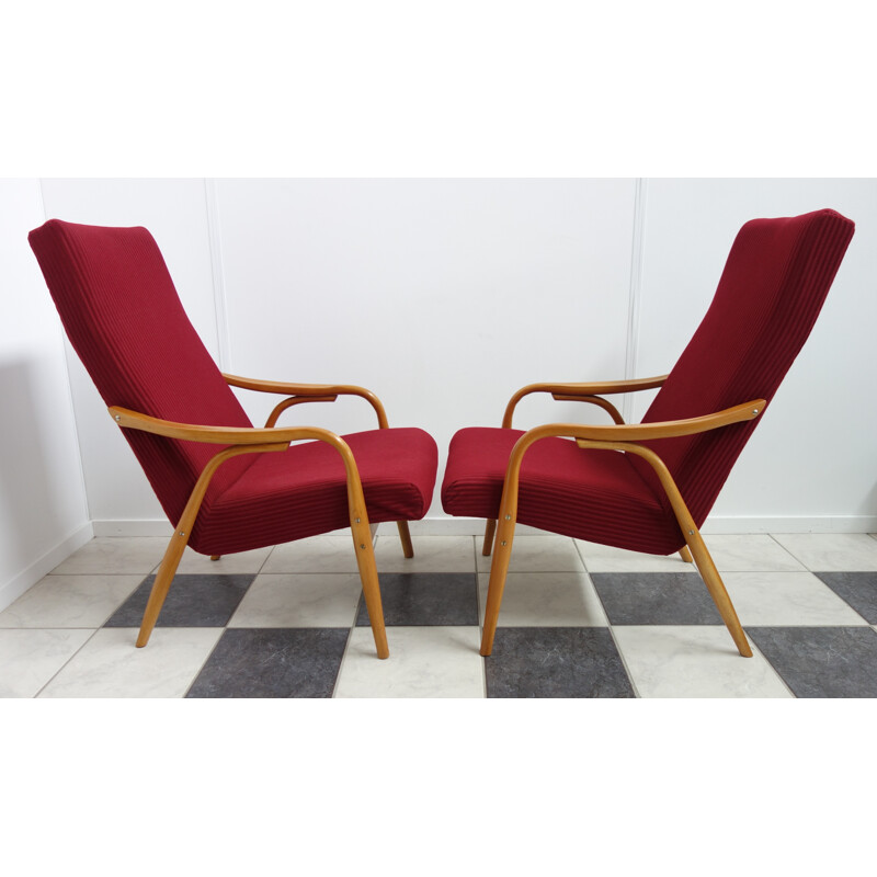 Set of two red "TON" chairs in beechwood and fabric - 1960s
