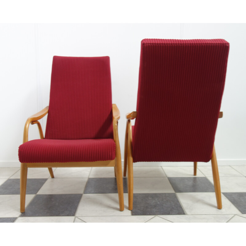 Set of two red "TON" chairs in beechwood and fabric - 1960s