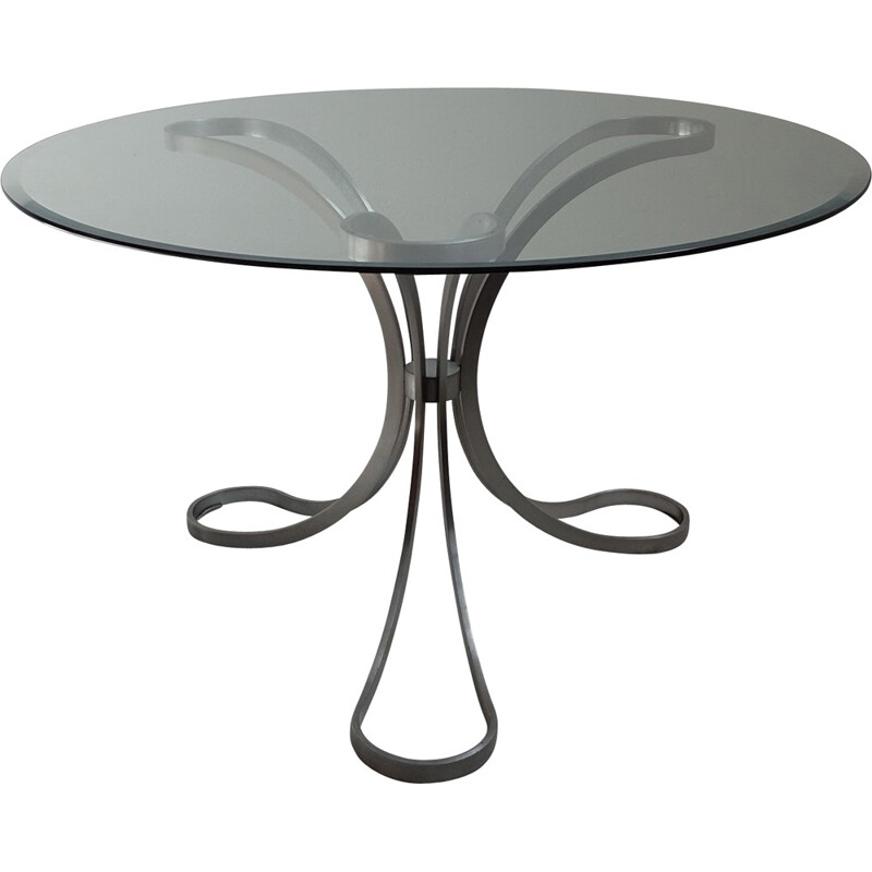 Round table in glass and tripod foot in brushed stainless steel - 1970s