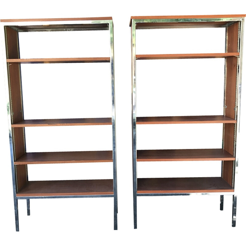 Pair of mid century bookcases in wood and steel - 1960s