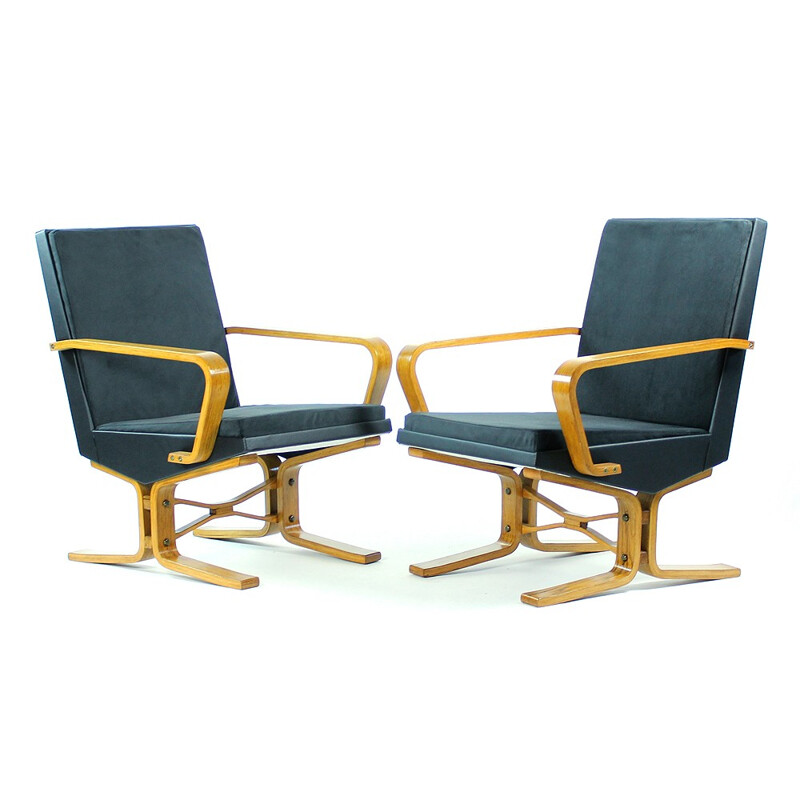 Pair of black wooden armchairs - 1960s