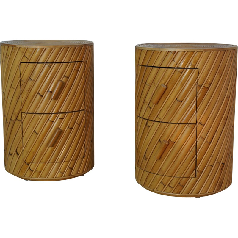 Pair of wooden & rattan bedside tables by India Mahdavi - 2000s