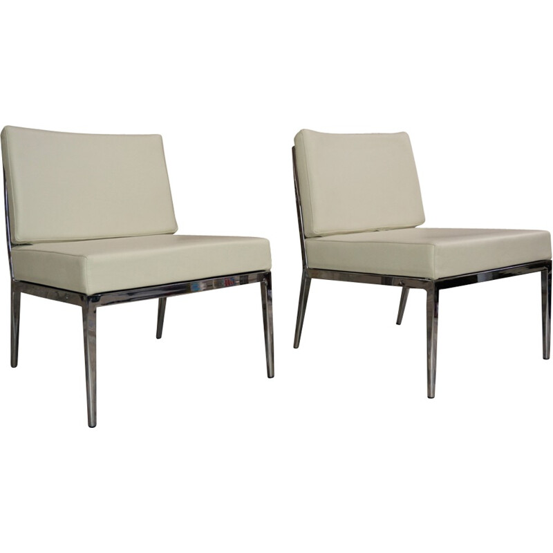 Pair of mid century leather and chromed steel low chair - 2000s