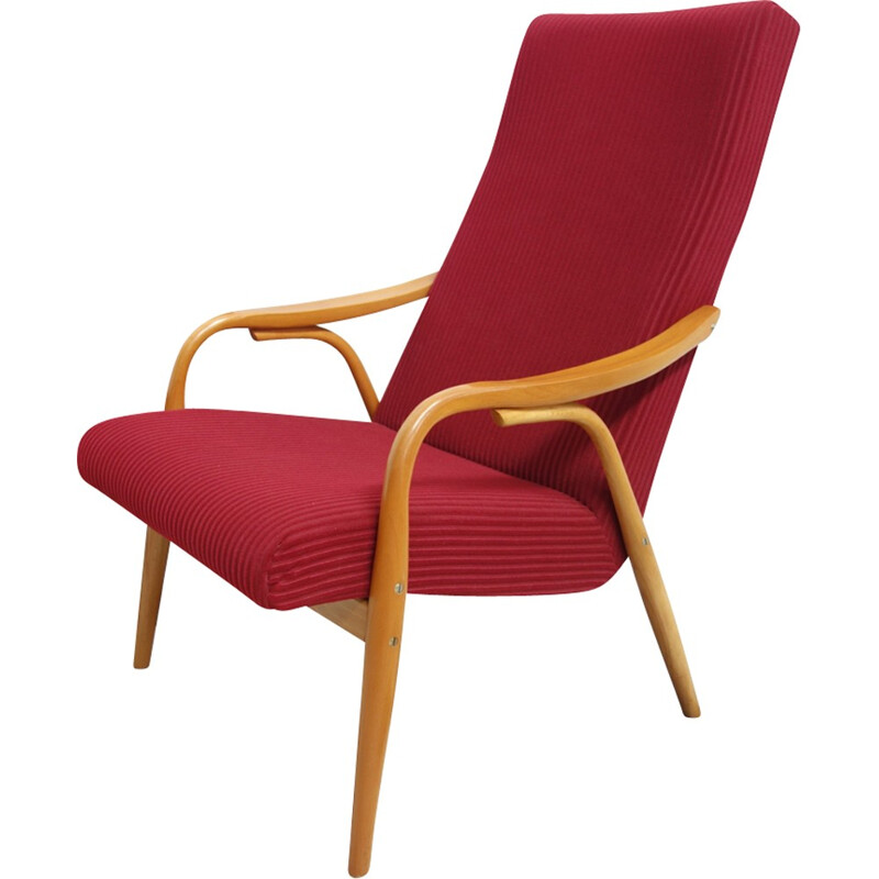 Set of two red "TON" chairs in beechwood and fabric - 1960s