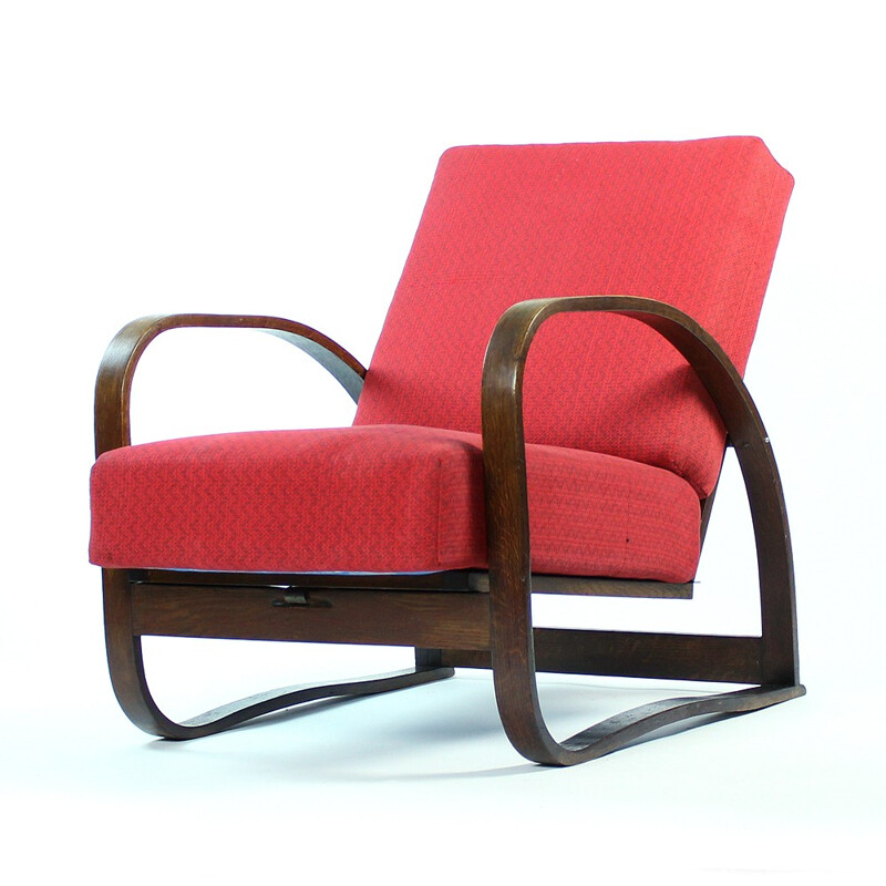 Pair of H70 red armchairs by Jindrich Halabala - 1930s