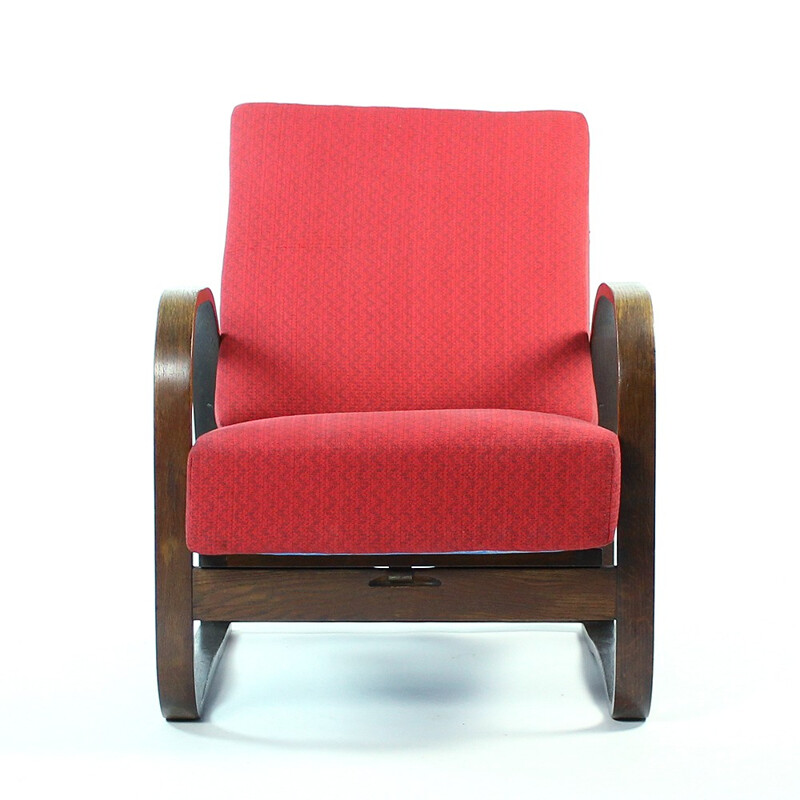 Pair of H70 red armchairs by Jindrich Halabala - 1930s