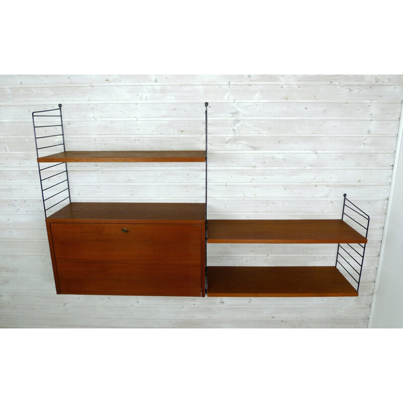 Swedish shelving unit with teak storage compartment and shelves by Nisse Strinning for String - 1950s