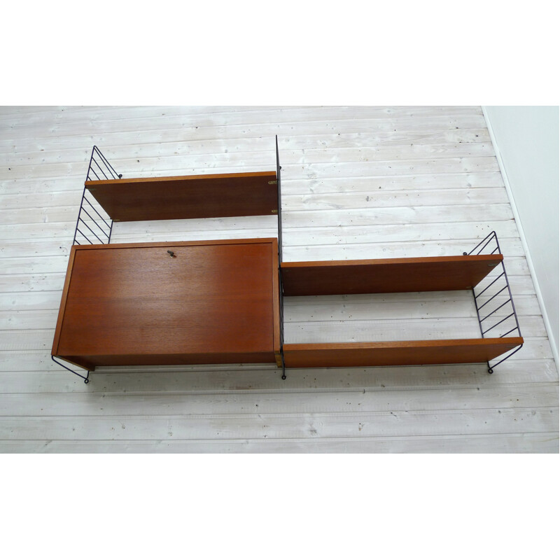 Swedish shelving unit with teak storage compartment and shelves by Nisse Strinning for String - 1950s