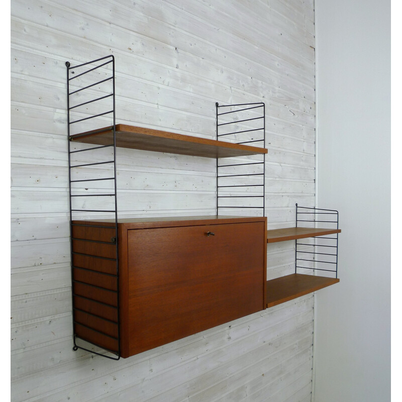 Swedish shelving unit with teak storage compartment and shelves by Nisse Strinning for String - 1950s
