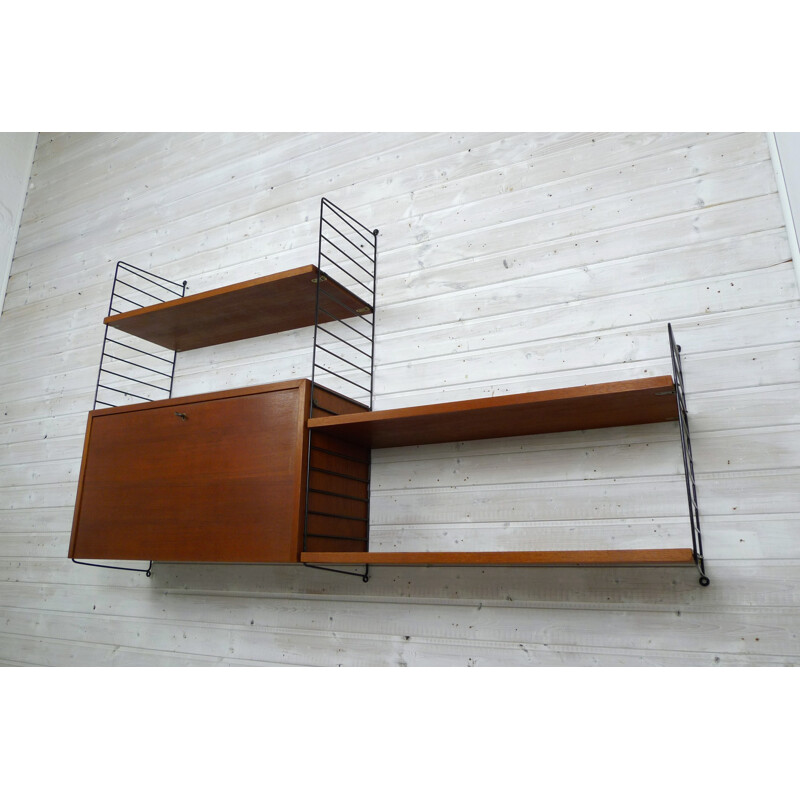 Swedish shelving unit with teak storage compartment and shelves by Nisse Strinning for String - 1950s