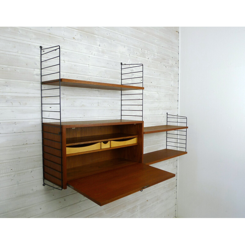 Swedish shelving unit with teak storage compartment and shelves by Nisse Strinning for String - 1950s