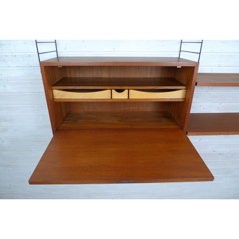 Swedish shelving unit with teak storage compartment and shelves by Nisse Strinning for String - 1950s