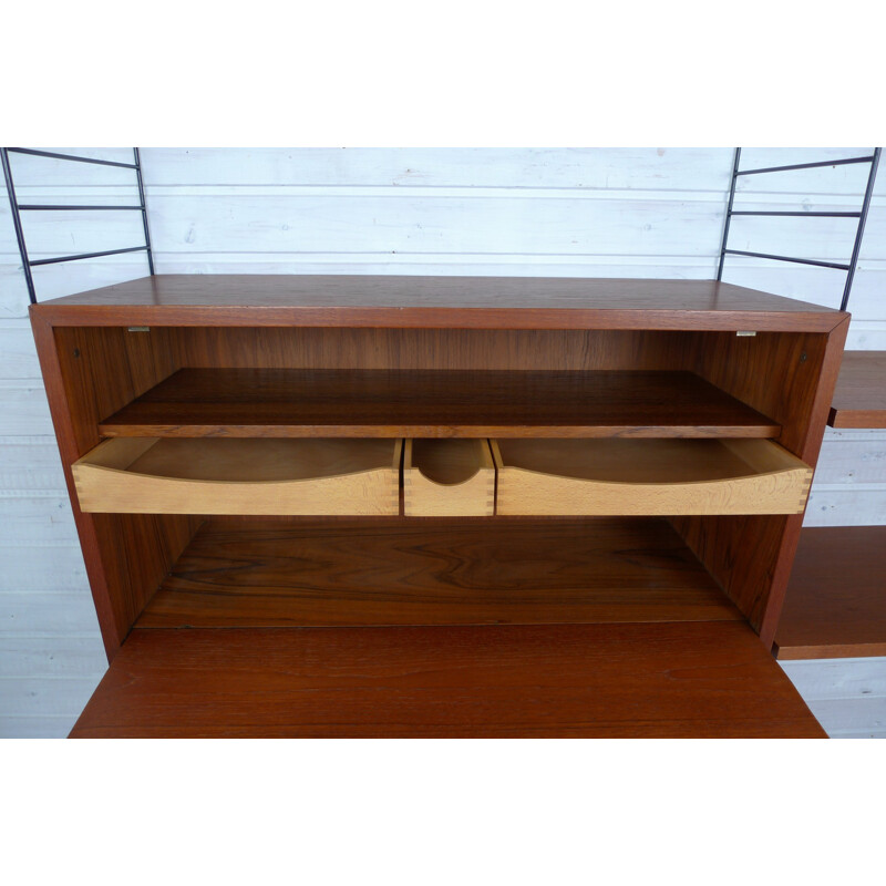 Swedish shelving unit with teak storage compartment and shelves by Nisse Strinning for String - 1950s