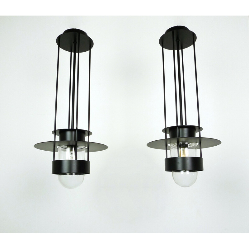 Pair of black hanging lamps in metal and glass - 1970s