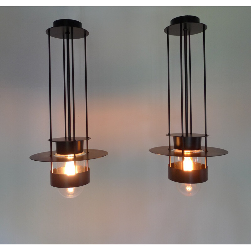 Pair of black hanging lamps in metal and glass - 1970s