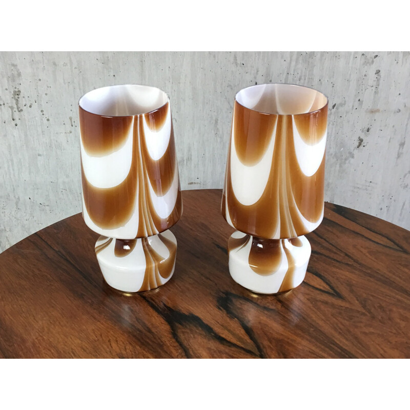 Pair of swirl stripe table lamps with brass base - 1960s