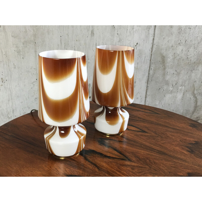 Pair of swirl stripe table lamps with brass base - 1960s