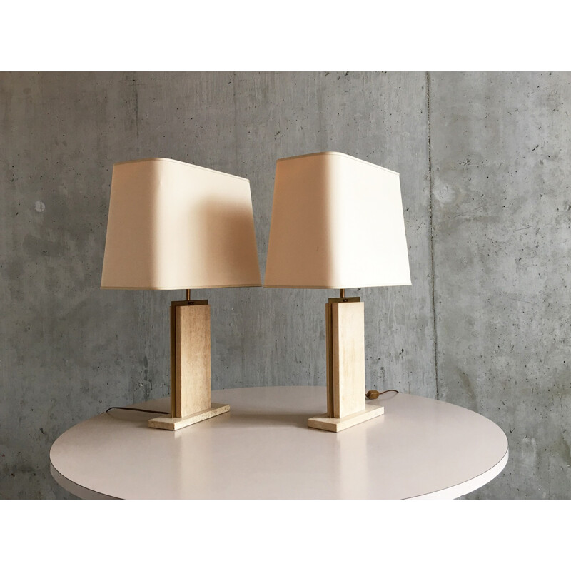Pair of Belgian travertine and marble lamps by Camille Breesch with original shades - 1970s