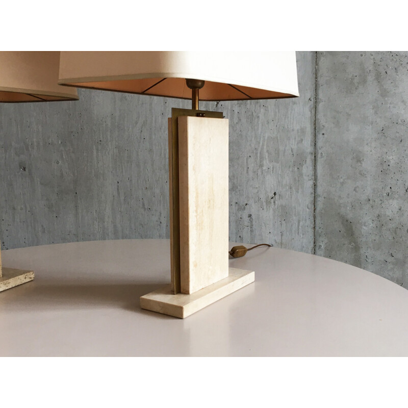 Pair of Belgian travertine and marble lamps by Camille Breesch with original shades - 1970s