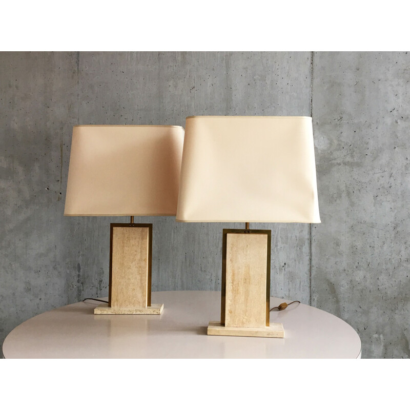 Pair of Belgian travertine and marble lamps by Camille Breesch with original shades - 1970s