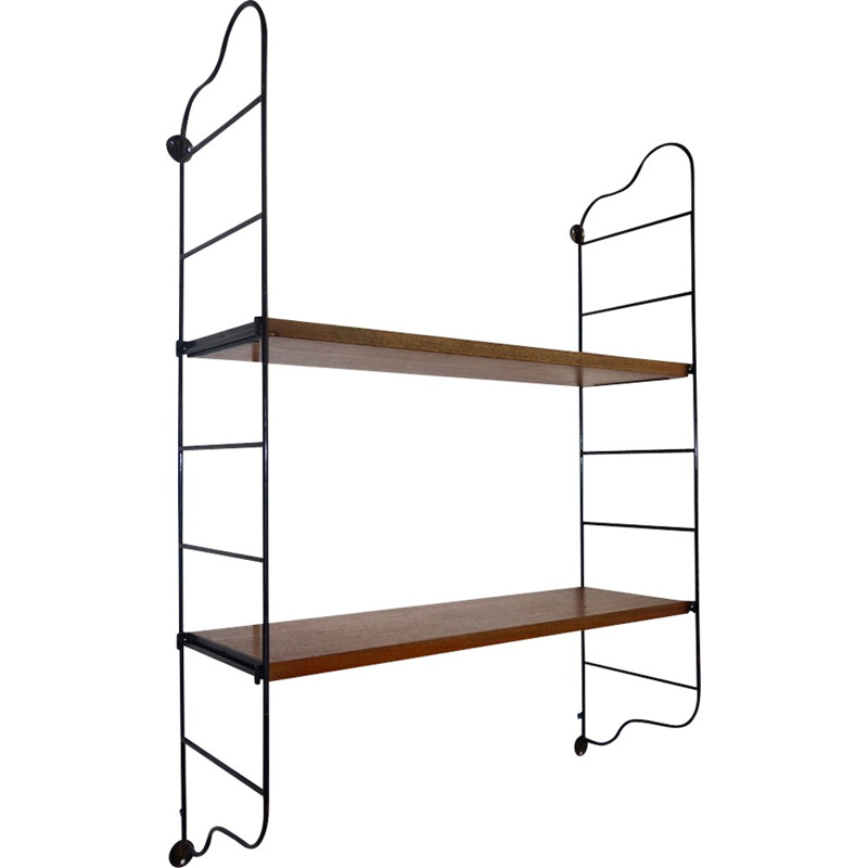 Hanging and modular shelf in teck and black painted steel - 1950s